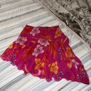 Caché Y2K Pink Asymmetrical Silk Skirt with Orange & Purple Blooms ✨Rare ✨